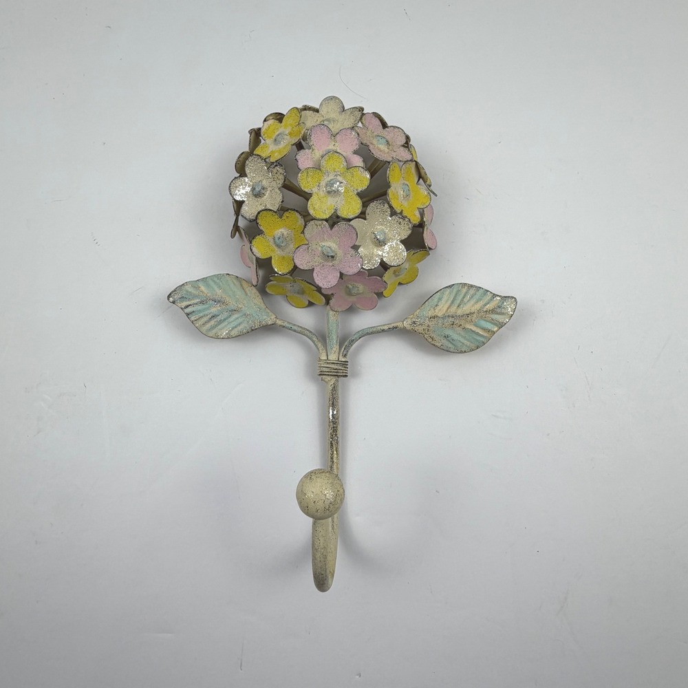Vintage Style Metal Floral Wall Hook Pastel Hydrangea Flower Shabby Chic Deco